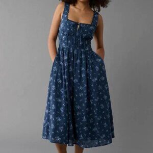 American Eagle AE Corset Floral Print Midi Fit & Flare Cotton Dress Blue Small
